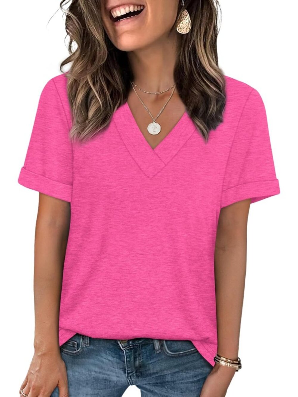 🆕Women's Pink Summer Tops Short Sleeve Basic Casual V Neck T Shirts Trendy